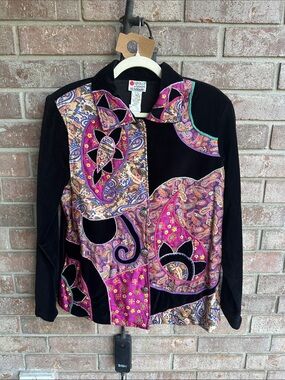 Spirit by Sandy Starkman Black Velvet Patchwork Paisley Jacket Pink Accents